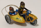 Metal Friction Tin Toy Ornament Motorcycle & Side Car Orange Yellow Blue 3"