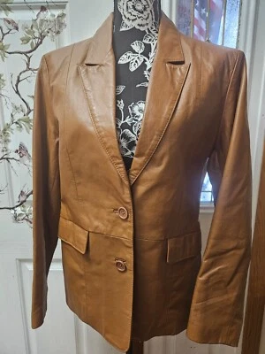 SIZE 10 BAGATELLE Camel Colored Leather Long Sleeve Coat INVPV1620 - Image 1 of 2