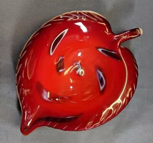 Vintage Brilliant Cherry Red Cased Leaf Art Glass Bowl - Picture 1 of 3