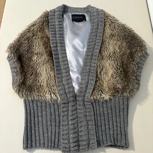 Faux Fur Knit Sweater Vest Gray Sleeveless Cardigan Shawl Collar Women Large - Picture 1 of 12