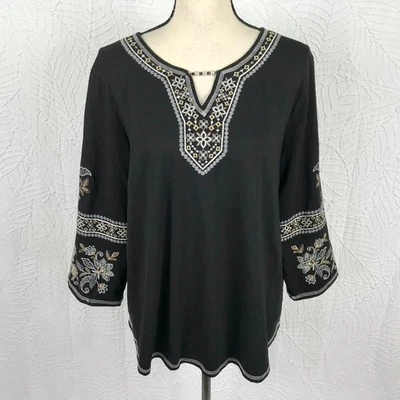 ALFRED DUNNER Black Shirt Top Size L Embroidered Cotton Blend Knit 3/4 Sleeves - Image 1 of 4