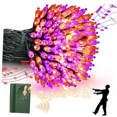 Halloween Lights Battery 33ft 100 LED Motion Sensor Purple+Orange & Music - Image 1 of 4