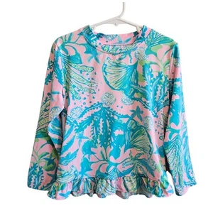 Lilly Pulitzer Retreat Aqua Bright Long Sleeve Rash Guard Ruffle Bottom Top 10 - Picture 1 of 6