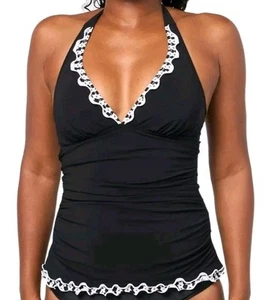 NUEVO Gottex Profile Para Mujer 6 Tankini Top Negro Lechuga Volantes Traje de Baño Halter - Imagen 1 de 11