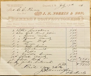 1876 BILLHEAD~J.S. NORRIS SON CO. CONCORD, NH. BAKERS & CONFECTIONERS - Picture 1 of 1