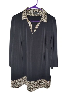 Adrianna Papell Leopard Print Black 3/4-Sleeve Pullover Stretch Blouse Top 2X - Image 1 of 4