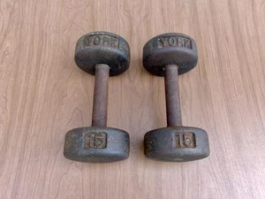 OLD YORK BARBELL ROUNDHEAD 15 LB. DUMBELLS CAST IRON ( SET OF 2 ) - Picture 1 of 8