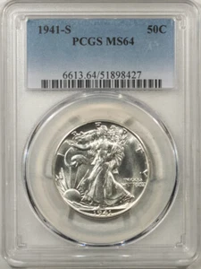 1941-S WALKING LIBERTY HALF DOLLAR - PCGS MS-64, PREMIUM QUALITY! HEADLIGHT! - Picture 1 of 3