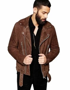 Chaqueta de cuero genuino marrón gamuza para hombre piel de cordero motociclista corredor café motocicleta - Imagen 1 de 4