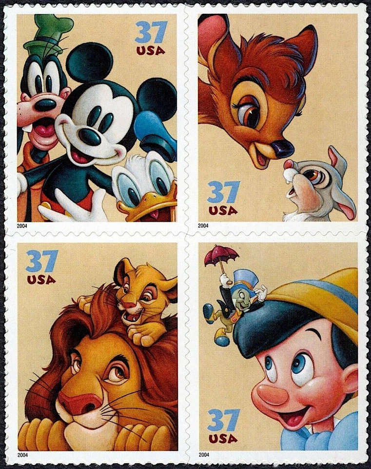 4 DISNEY Friendship Stamps: Collecting, Mickey Mouse, Bambi Lion King, Pinocchio - Image 1 of 1
