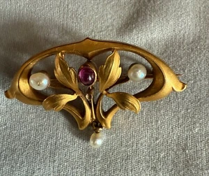 Jugendstil Art Deco Brosche 14k 585 Gold mit Saphir und 3 Perlen - Bild 1 von 3