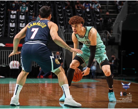 LaMelo Ball Charlotte Hornets Dribbling vs. Facundo Campazzo Photograph Cover