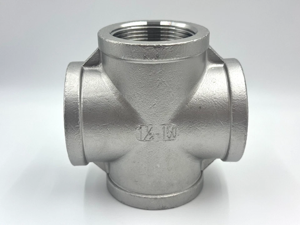 STAINLESS STEEL 4 WAY 11/2" NPT PIPE CROSS UNION  HEAVY DUTY CAST CLASS 150 - Image 1 of 3