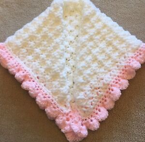 Hand crocheted baby's Chunky blanket /car seat/pram/crib Pink & white dk wool.
