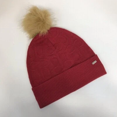 Coach Embossed Signature Knit Pom Pom Beanie Hat - Bright Red F32713 - Image 1 of 4