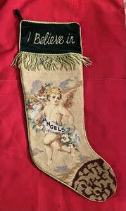 VTG I BELIEVE IN ANGELS FRINGED NEEDLEPOINT CHRISTMAS STOCKING DARK GREEN BACK - Picture 1 of 11