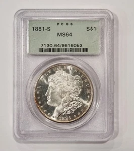 1881-S Morgan dollaro d'argento $1 PCGS MS64 OGH vecchio supporto verde Pl Obv - Foto 1 di 6