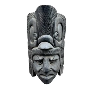 Vintage Carved Wood Aztec Warrior Headdress Mayan Decor Hanging Wall Mask 12.5” - Picture 1 of 6