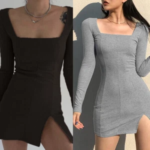 Elegante Vestido ceñido al cuerpo básico cuadrado cuadrado cuadrado de moda cuello largo - Imagen 1 de 14