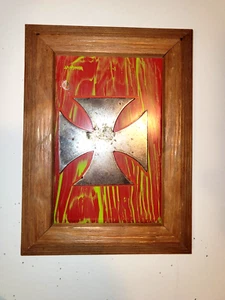 IRON CROSS Metal  ON PSYCHEDELIC  BOARD WITH FRAME 1970S COUNTY FAIR PRIZE - Picture 1 of 5