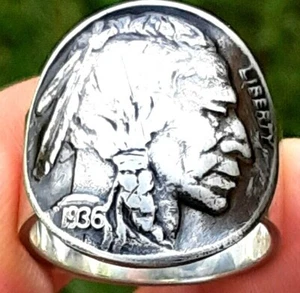 Signet ring authentic Buffalo Indian Nickel coin sterling silver 1916 to 1938 - Picture 1 of 6