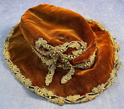 Edwardian Gold Lame Beaded Braid Soutache Trim Brown Velvet Wide Brim Hat VTG - Image 1 of 4