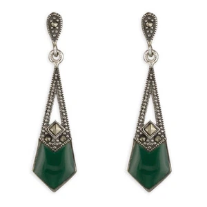 Art Deco Green Agate and Marcasite Angular Earrings Solid Sterling Silver - Picture 1 of 3