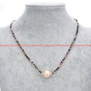 Natural 3mm Faceted Multicolor Tourmaline Round Gems Pink Pearl Pendant Necklace - Picture 1 of 12
