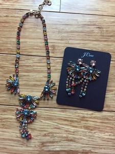 NWT $178 J.Crew Gem fan statement necklace & earrings Multi Color sparkling