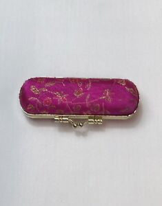 WOMEN'S ASIAN INSPIRED SATIN LIPSTICK COMPACT WITH MIRROR Pink, Gold Tone GUC