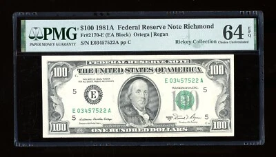 DBR 1981-A $100 Richmond Fr. 2170-E PMG 64 EPQ Serial E03457522A - Image 1 of 2