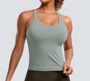 CRZ YOGA Seamless Ribbed Wormen's Tank Top Racerback Camisoles Built in Bra XXS - Picture 1 of 8
