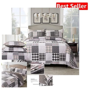 Oversized King Quilt Set - Elegant Checkered Patchwork Bedspread & Pillow Covers - Picture 1 of 11