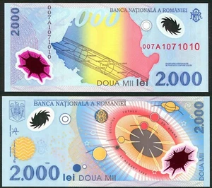 Romania 2000 lei 1999 Total Solar Eclipse P111a Prefix 007A Polymer UNC - Picture 1 of 3