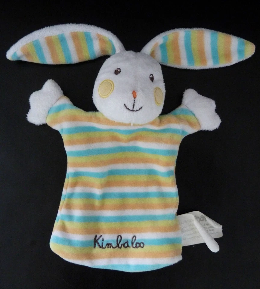 47. DOUDOU PLAT MARIONNETTE KIMBALOO LA HALLE LAPIN BLANC RAYE BLEU ORANGE TTBE - Photo 1/1