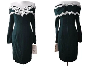 Scott McClintock Vtg Green Velvet White Lace Off Shoulder Sheath Dress Size 8 - Picture 1 of 11