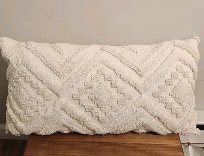 Boho Chenille Trimmed Accent Pillow, Removable Cover White Ivory 12"x24" EUC - Image 1 of 4