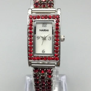Narmi Damenuhr 19mm rechteckig rote Kristalle Lünette Stretchband neue Batterie - Bild 1 von 14