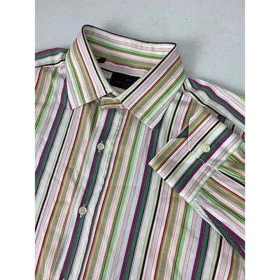 Camisa social vintage retrô Etro Milano Itália multicolorida listra arco-íris botão para cima 42 - Imagem 1 de 4