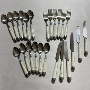 24 piezas CUBERTERÍA Jean Dubost Cubiertos Color Marfil Manijas PLÁSTICO Remaches Inoxidable - Imagen 1 de 7