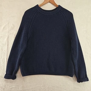 Quince Fisherman Sweater Women Large Navy 100% Organic Cotton Crew Ribbed Knit - Picture 1 of 12