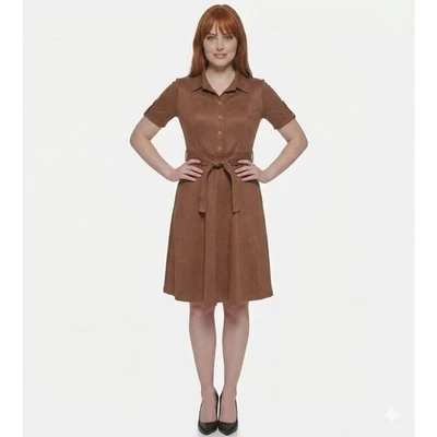 Vestido Tommy Hilfiger Café Imitación Gamuza Talla 18 Nuevo con Etiquetas, Manga Corta Cuello Foto 1 de 4