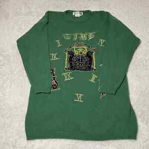 Vintage 80s Vi Vien Forest Sweater XL LambsWool Sequins Beaded Embroidered Clock