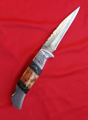 Задняя папка с замком Eagle Head. 4-дюймовое дамасское лезвие, красный костяной чехол для переноски ремня,  - Изображение 1 из 4