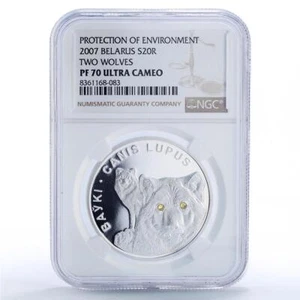 Belarus 20 roubles Wolves Protection Wildlife Fauna PF70 NGC silver coin 2007 - Picture 1 of 2