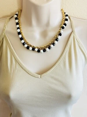 Gargantilla De Colección Negro Jet Cristal Facetado Blanco Cuentas Raro Cuentas Cuelga Dorado Foto 1 de 4