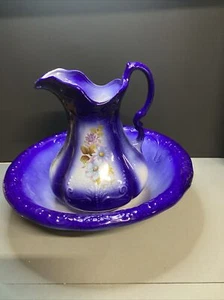 Vintage, Large, 12in H x 9in Flow Blue Floral Pitcher With 16in Washbowl - Picture 1 of 10