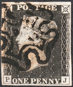 1840 AS25b SG2 1d BLACK PLATE 5 VERY FINE USED 4 MARGINS VARIETY DOUBLE P (PJ) - Picture 1 of 2