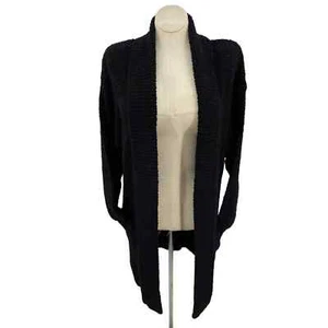 Vintage 80s Black Boucle Long Cardigan Sweater Coat Pockets Fashion Elements L - Picture 1 of 11