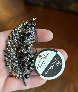 TIMMY WOODS BROOCH PIN PENDANT Feather SILVER Black NWT Swarovski CRYSTALS - Picture 1 of 6